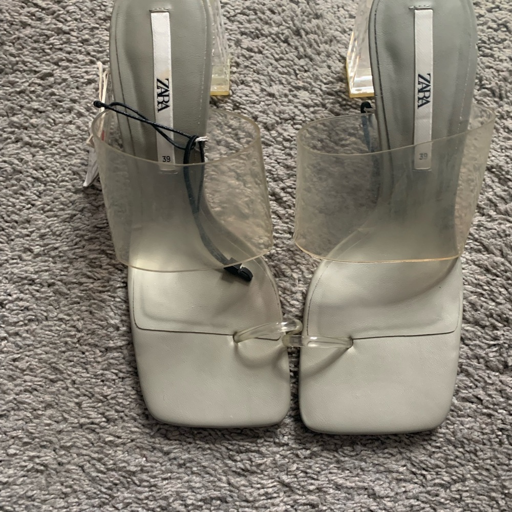 ZARA White Square-Toe Heeled Mules with Clear Strap